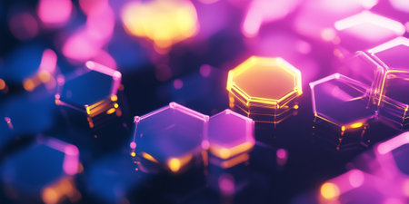 Floating neon hexagons with a transparent texture, illuminated in pink and yellow, over a soft gradient background blending from black to midnight blue, with hints of shadow.の素材