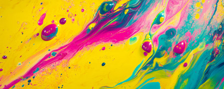 An explosion of neon paints in electric yellow, cyan, and magenta, with a glossy, high-shine texture that creates a bold, eye-catching effect.の素材