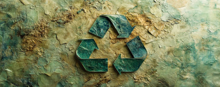 An artistic background featuring a recycling symbol made from layered, textured paper in green, brown, and beige tones, with a soft-focus effect.の素材