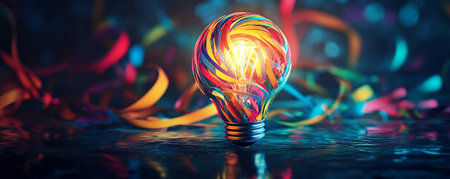 An abstract background with a 3D lightbulb made of colorful, swirling ribbons, set against a dark, glossy surface to symbolize the spark of inspiration.の素材
