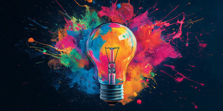 An abstract background featuring colorful, swirling paint splashes forming the shape of a lightbulb, symbolizing the creative process.の素材