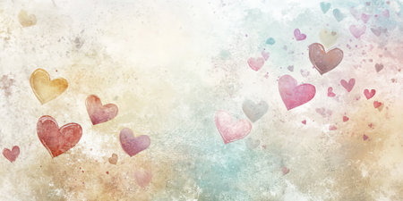 A whimsical love symbol design with a scattering of hand-drawn hearts in various pastel colors, set against a soft, textured background for a charming effect.の素材