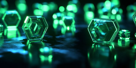 Neon hexagons with a glowing crystalline texture, illuminated in vivid green and blue, floating above a sleek, polished black surface with sharp reflections.の素材