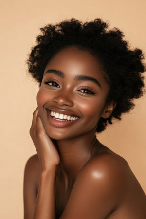 Radiant woman with bare shoulders, smiling brightly, her arm resting gently on her cheek, surrounded by a beige backdrop.の素材