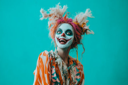 Portrait of a woman dressed as a haunted doll with a wide, crazy grin, standing on a bright teal background.の素材