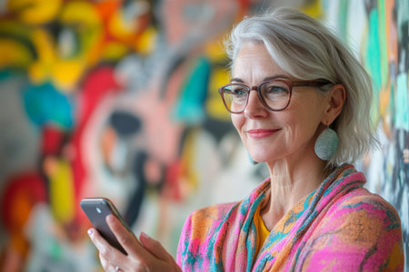 Senior Caucasian woman engaging in a video call on her cell phone in a vibrant, creative space.の素材