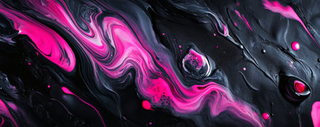 Swirling liquid paints in black and neon pink, with a glossy, reflective texture that enhances the sharp contrast between the dark and vibrant colors.の素材