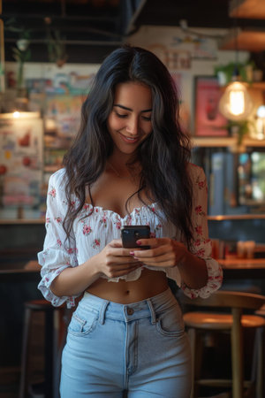 Young Hispanic woman happily using her phone while standing in a trendy, urban cafe.の素材