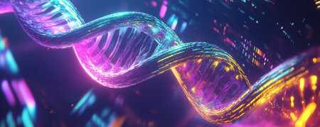 A vibrant design featuring a glowing DNA strand made of swirling light in bright neon colors, floating in a futuristic high-tech environment.の素材