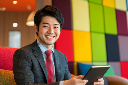 Young Japanese businessman smiling while using a tablet in a colorful, contemporary office setting.の素材