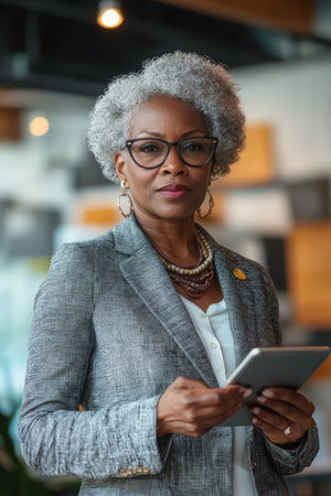 Senior African American businesswoman contentedly using a tablet in a dynamic, creative office with modern design elements.の素材