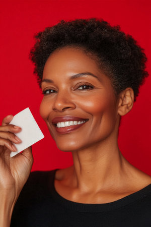 Smiling African American middle-aged woman applying oil blotting paper. The red background contrasts with her smooth, glowing skin, showing a clean beauty routine.の素材