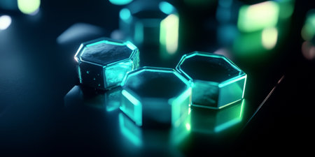 Neon hexagons with a glowing crystalline texture, illuminated in vivid green and blue, floating above a sleek, polished black surface with sharp reflections.の素材