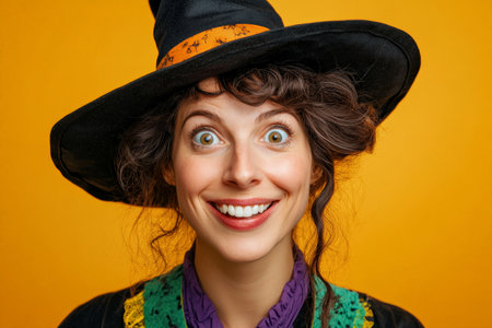 Portrait of a woman in a spooky witch costume with a happy, crazy expression, standing isolated on a bright yellow background.の素材