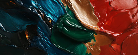 Liquid paints in rich jewel tones of ruby red, emerald green, and sapphire blue, flowing together with a smooth, velvety texture that gives an opulent feel.の素材