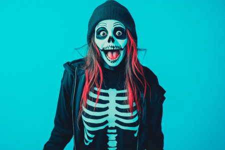 Happy woman in a skeleton Halloween outfit with a crazy face, standing on a vibrant indigo background.の素材