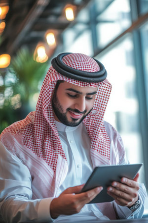 Young Arabian businessman joyfully interacting with a tablet in a stylish, creative office environment.の素材