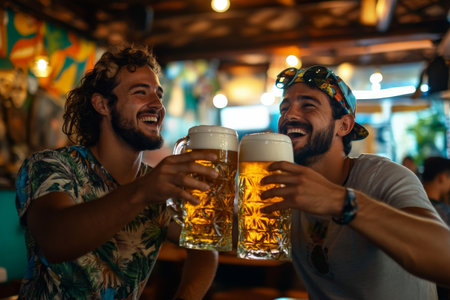 Two young Brazilian men laughing and toasting with large beer mugs in a tropical-themed bar with colorful decor.の素材