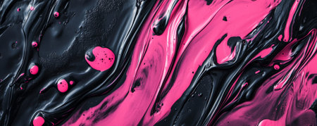 Swirling liquid paints in black and neon pink, with a glossy, reflective texture that enhances the sharp contrast between the dark and vibrant colors.の素材