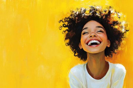 Playful girl with short curly hair and a big smile, dressed casually in jeans and a white tee. The bright yellow background enhances her joyful energy.の素材
