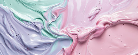 Liquid paints in pastel tones of light pink, lavender, and mint green, gently flowing into each other with a soft, matte finish for a calming and serene effect.の素材
