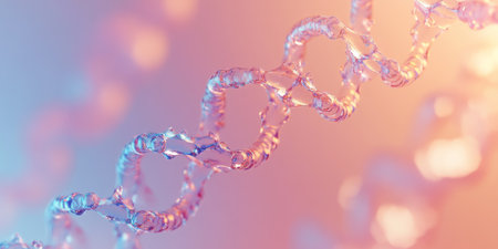 An abstract background featuring a DNA strand made of translucent, glass-like material, floating against a soft pastel-colored gradient.の素材