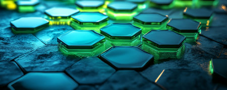 Neon hexagons in vivid green and blue, with a liquid-like reflective surface. The background is textured as rough concrete, creating a contrast between light and shadow.の素材