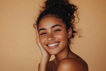 Sweet woman with bare shoulders, smiling happily, her arm gently supporting her cheek against a warm beige background.の素材