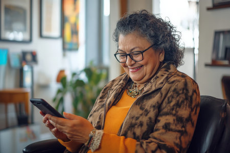 Senior Hispanic woman happily using her phone while sitting in a bright, creative office space.の素材