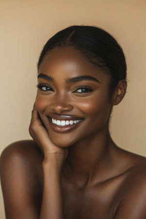 Radiant woman with bare shoulders, smiling brightly, her arm resting gently on her cheek, surrounded by a beige backdrop.の素材