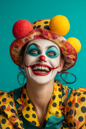 Portrait of a woman in a creepy clown costume with a huge, crazy smile, isolated on a bright turquoise background.の素材