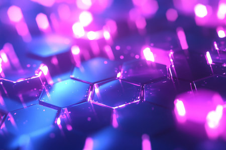 Neon hexagons with a glossy surface, scattered across a deep blue background, glowing softly in shades of pink and purple. The texture is smooth, creating a futuristic vibe with subtle shadows for depth.の素材