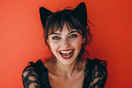 Crazy-eyed woman in a black cat Halloween costume with a huge smile, posing on a bright red background.の素材