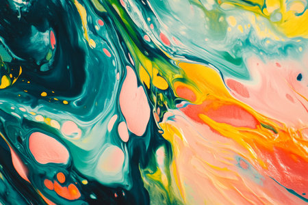 Liquid paints in bright tropical colors of turquoise, coral, and lime green, swirling dynamically with a glossy texture that evokes a vibrant, summery atmosphere.の素材