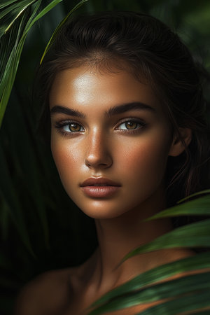 Stunning portrait of a girl, her beauty enhanced by the vibrant textures of palm leaves in the background, evoking a tropical vibe.の素材