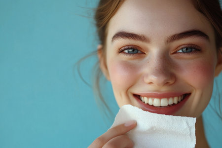 Close-up of a smiling Caucasian young adult woman using facial oil blotting paper on a blue background. Her natural makeup and glowing skin highlight the effectiveness of the beauty product for oil absorption.の素材
