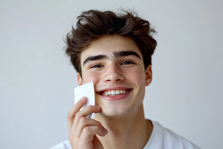Caucasian young adult man, smiling and using a facial oil blotting paper. The white background enhances the focus on his clean, fresh look after using the product for better skincare.の素材