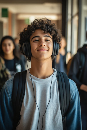 A Brazilian male high school student, with curly hair and a relaxed demeanor, is strolling through the school hallway. His headphones are on, and He is smiling softly, completely absorbed in his music, while other students pass by.の素材
