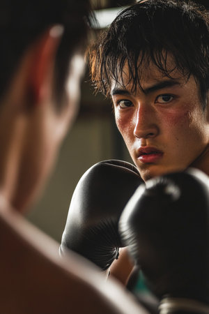 A young Japanese sportsman, his eyes full of determination, practicing uppercuts with his coach in a minimalist gym. The coach, a patient and skilled fighter, corrects his technique with precision.の素材