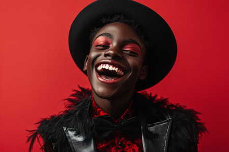 Black teenager in a vampire costume with a big crazy grin, standing on a red background.の素材