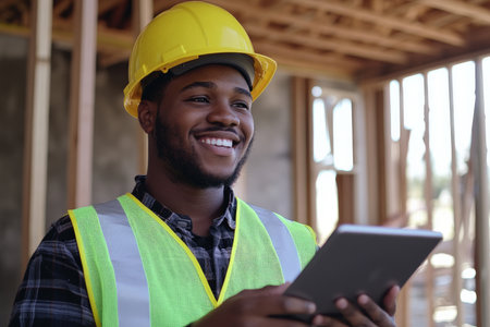 A young African American construction worker, wearing a yellow hard hat and reflective vest, smiles as he uses a digital tablet to review blueprints at a bustling home renovation site. Tools and materials surround him as he checks the progress of the work.の素材