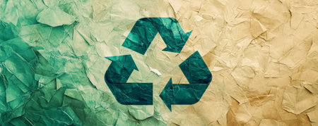 An artistic background featuring a recycling symbol made from layered, textured paper in green, brown, and beige tones, with a soft-focus effect.の素材