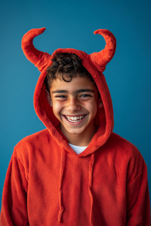 Hispanic teenager in a devil costume, showing a wide, joyful grin, isolated on a blue background.の素材