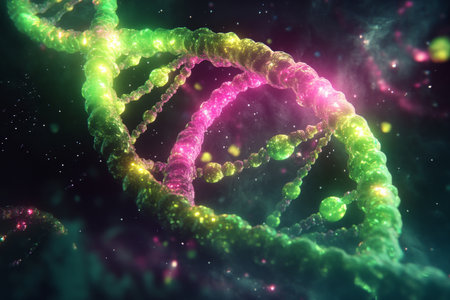 A glowing DNA helix in neon green and pink, twisting through a starry void, with molecular orbs floating around, evoking a futuristic cosmic design.の素材