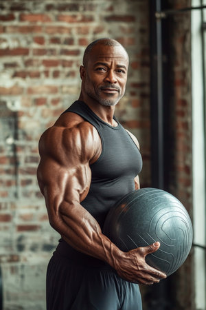 Middle-aged African American man, with a muscular build, holding a fitness ball in a gym with exposed brick walls. He is looking at the camera with a serious, determined expression, ready to tackle his workout.の素材