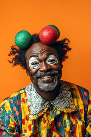 Middle-aged Black man in a creepy clown costume, smiling joyfully, isolated on an orange background.の素材
