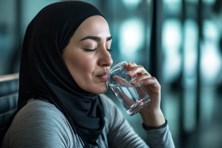 Middle-aged Arabian female boxer, wearing a hijab, sitting on a bench in a modern health club, taking a sip of water. Her eyes are closed, and She is savoring the brief moment of rest before returning to her workout.の素材