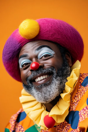 Middle-aged Black man in a creepy clown costume, smiling joyfully, isolated on an orange background.の素材