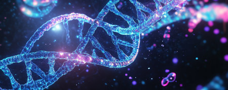 Neon DNA strands twisting through a black space, with vibrant molecular structures glowing in blues and purples, adding a futuristic, sci-fi aesthetic.の素材
