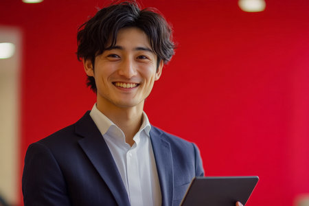 Young Japanese businessman smiling confidently with a touchpad in hand, standing in an office with a red background.の素材